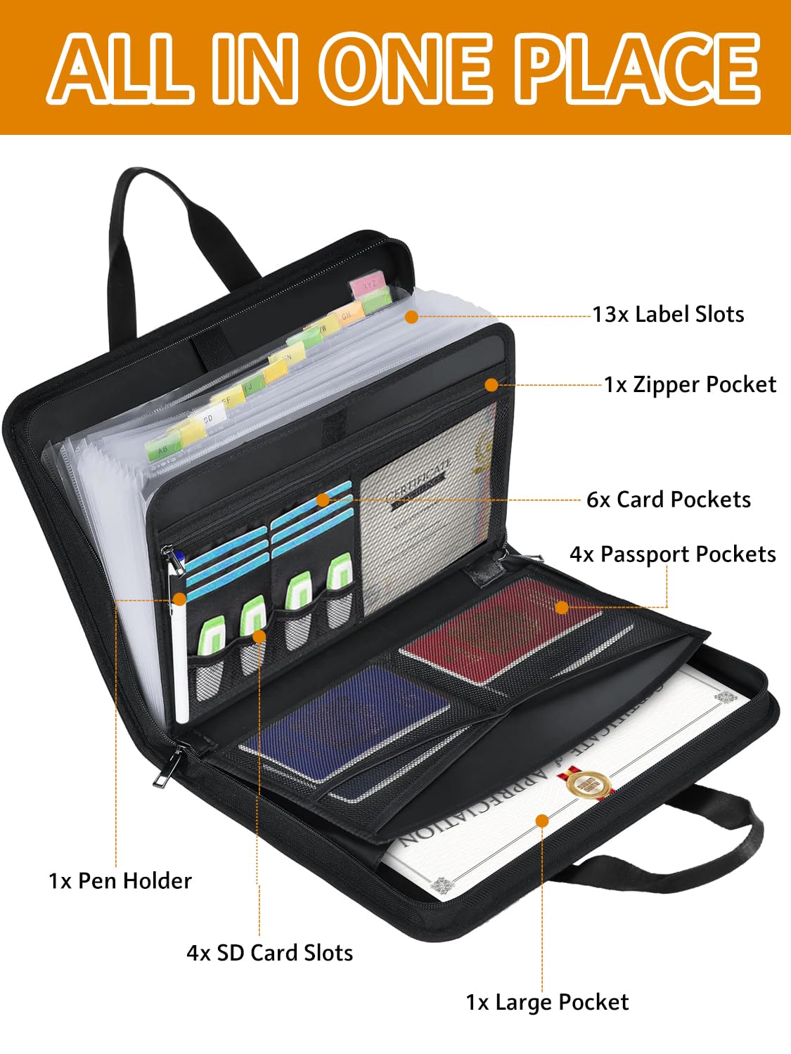 onvvippiv Important Document Organizer Folio Accordion File Organizer Fireproof Expanding File Folder Storage Box with Zipper Labels 13 Pockets for Business Office Receipt Travel