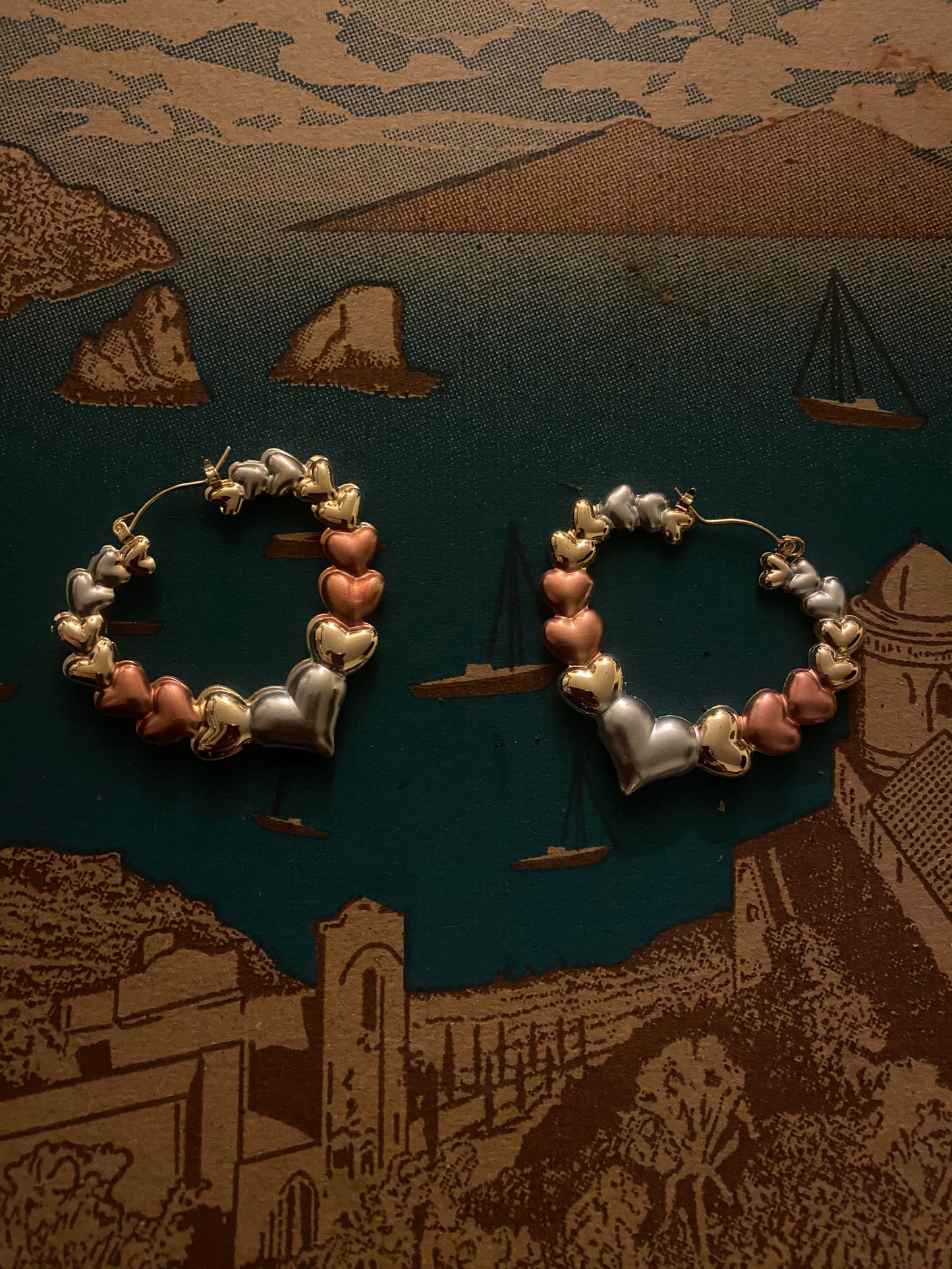 Stainless Steel Tri Color Heart Shaped Earrings